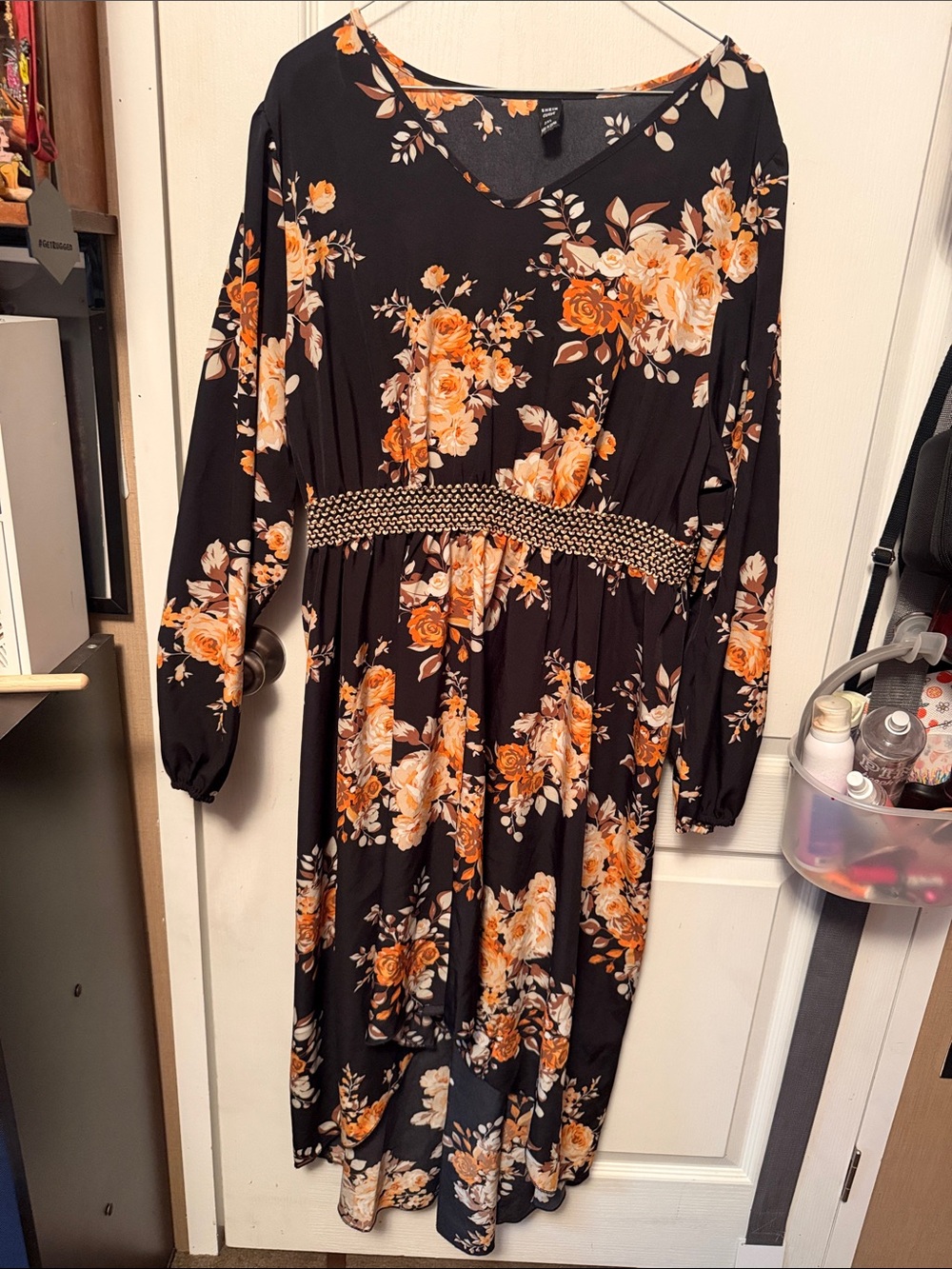 Black Floral Maxi Dress with Orange Rose Print